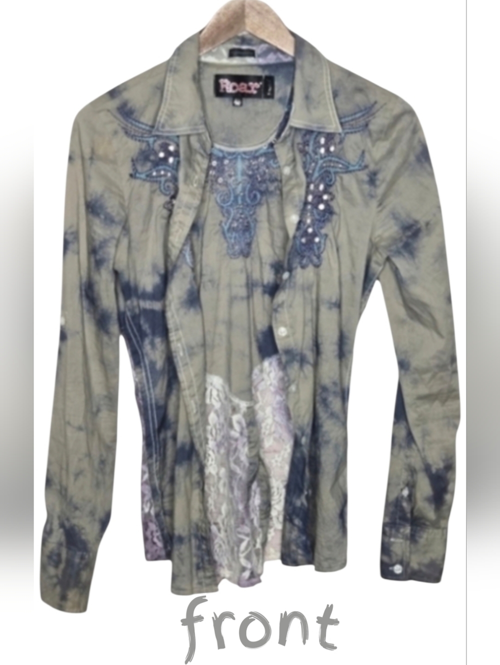 ROAR Tie-dye Sheer Lace Back Embroilered Western Shirt